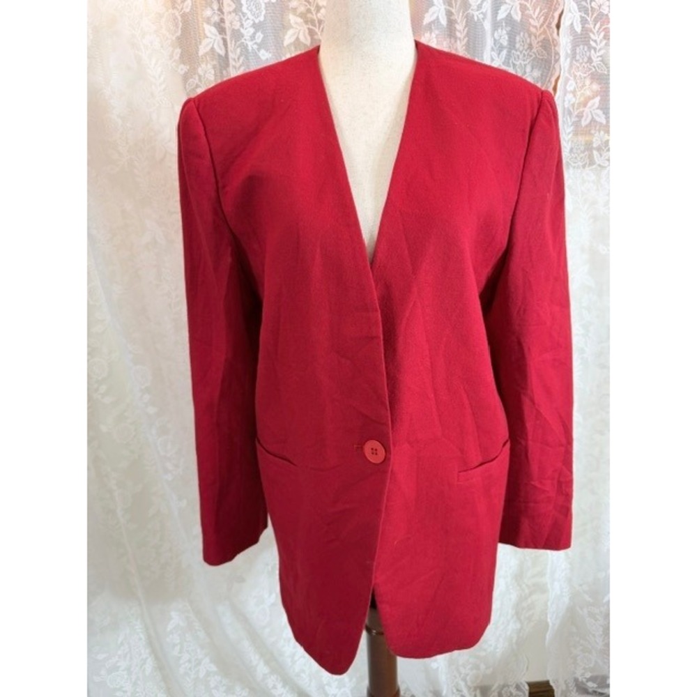 Evan Picone Vintage Red Collarless Single Button Blazer Jacket Structured Red